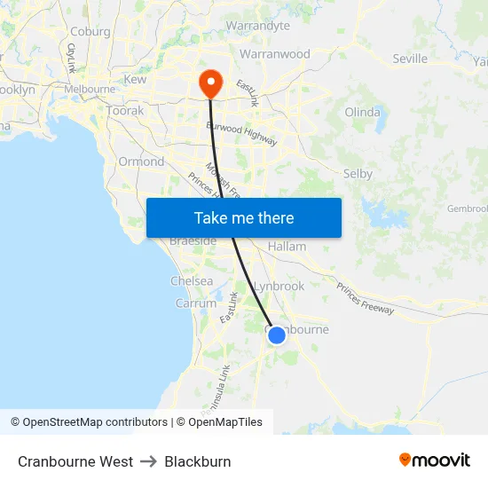 Cranbourne West to Blackburn map