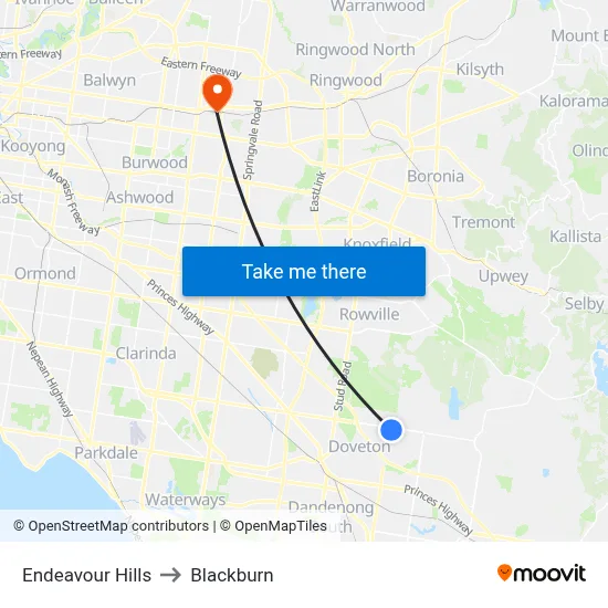 Endeavour Hills to Blackburn map