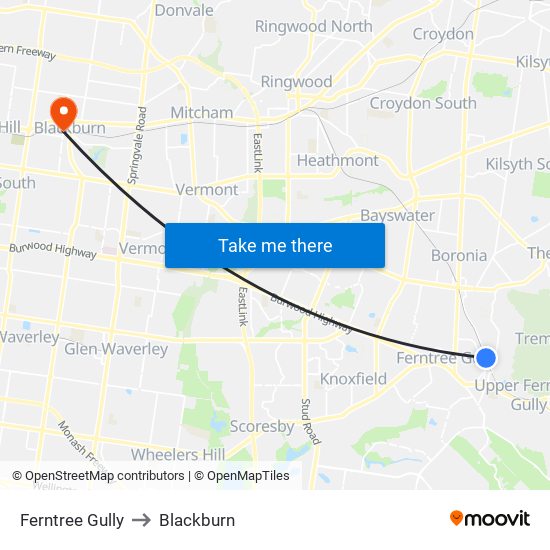 Ferntree Gully to Blackburn map