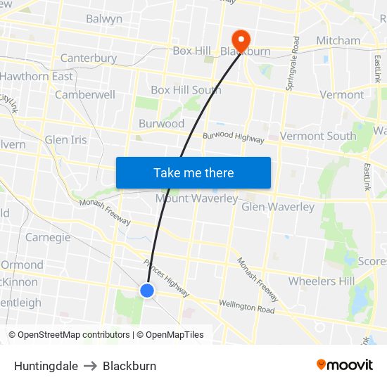 Huntingdale to Blackburn map