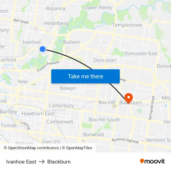 Ivanhoe East to Blackburn map