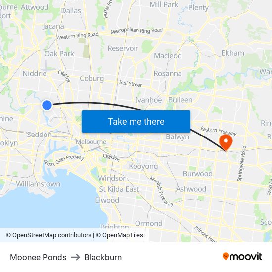 Moonee Ponds to Blackburn map