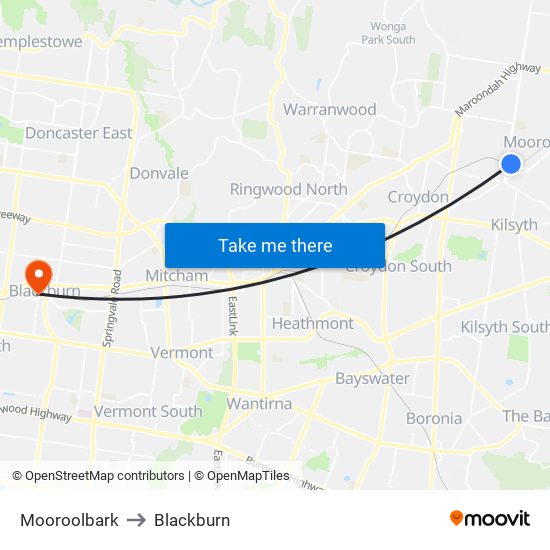 Mooroolbark to Blackburn map