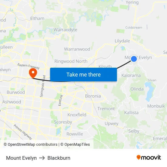 Mount Evelyn to Blackburn map