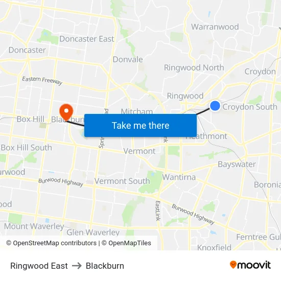 Ringwood East to Blackburn map