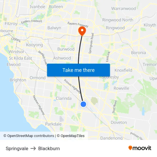 Springvale to Blackburn map
