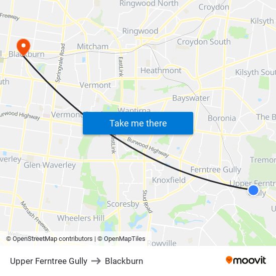 Upper Ferntree Gully to Blackburn map