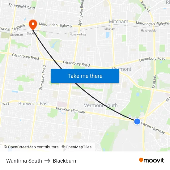 Wantirna South to Blackburn map