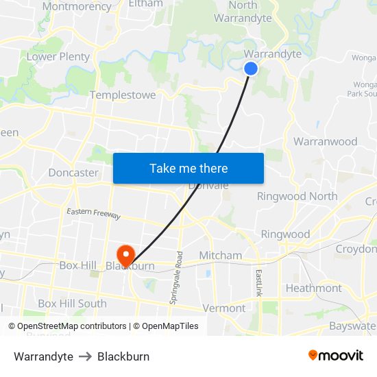 Warrandyte to Blackburn map