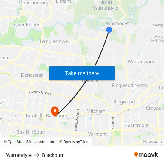 Warrandyte to Blackburn map