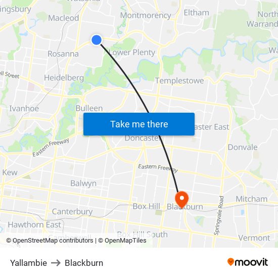 Yallambie to Blackburn map