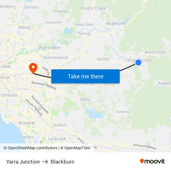 Yarra Junction to Blackburn map