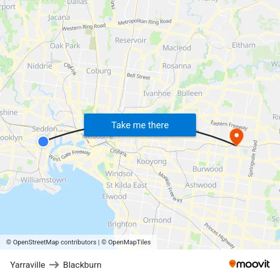 Yarraville to Blackburn map