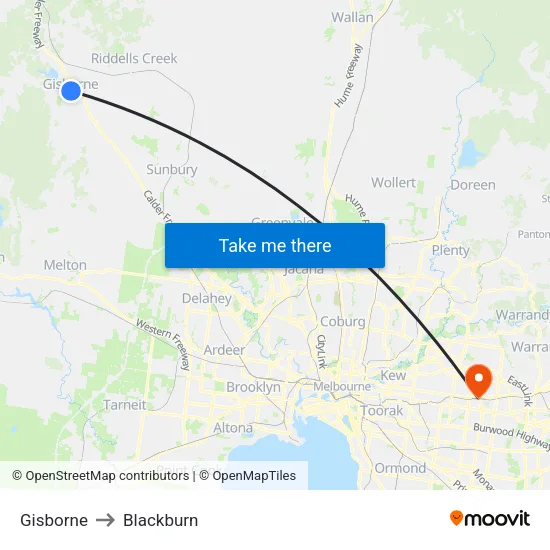 Gisborne to Blackburn map