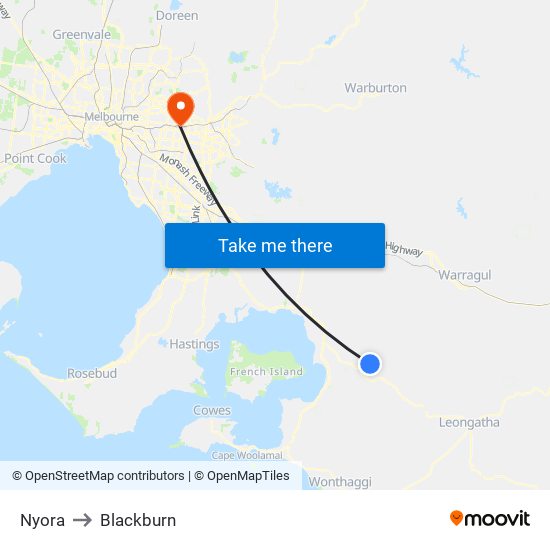 Nyora to Blackburn map