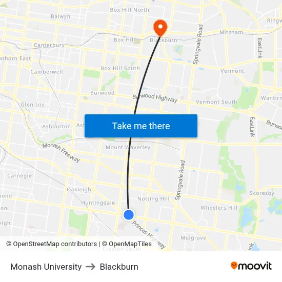 Monash University to Blackburn map