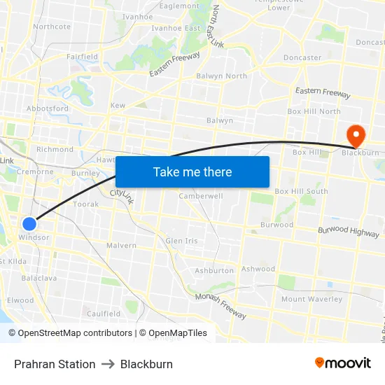 Prahran Station to Blackburn map
