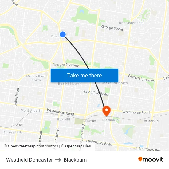 Westfield Doncaster to Blackburn map