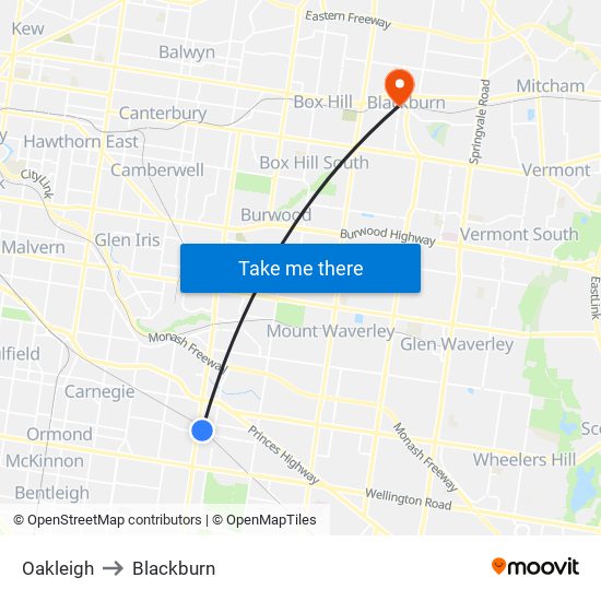 Oakleigh to Blackburn map