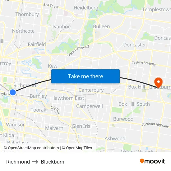 Richmond to Blackburn map