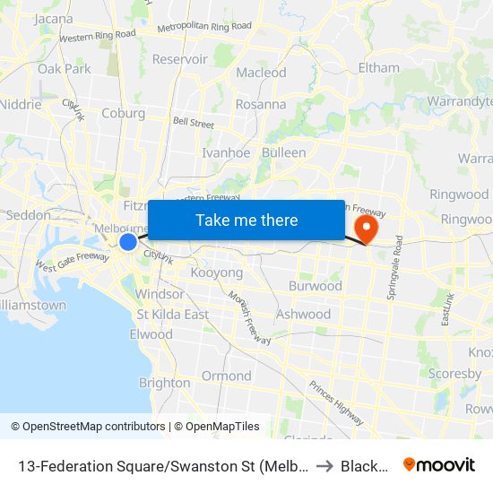 13-Federation Square/Swanston St (Melbourne City) to Blackburn map