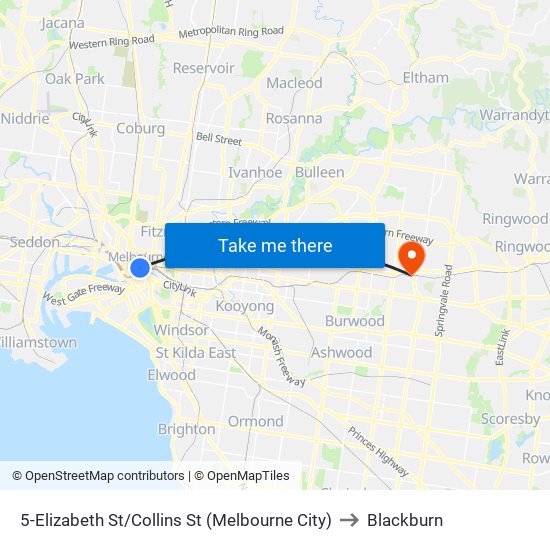 5-Elizabeth St/Collins St (Melbourne City) to Blackburn map