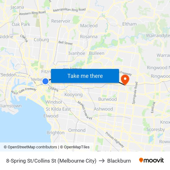 8-Spring St/Collins St (Melbourne City) to Blackburn map