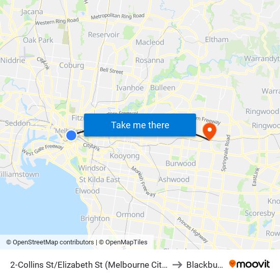 2-Collins St/Elizabeth St (Melbourne City) to Blackburn map