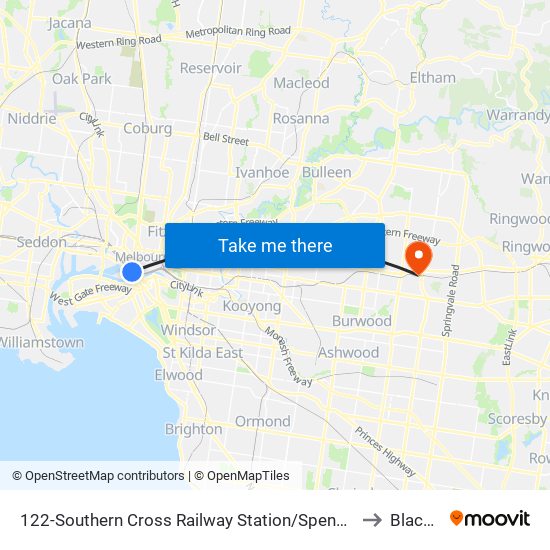 122-Southern Cross Railway Station/Spencer St (Melbourne City) to Blackburn map