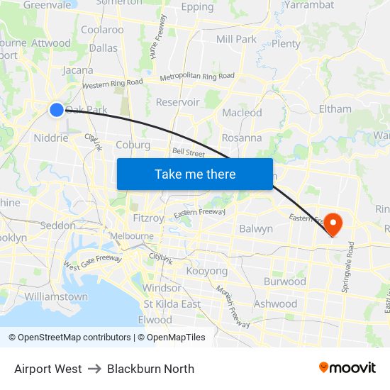 Airport West to Blackburn North map