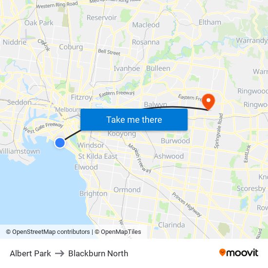 Albert Park to Blackburn North map