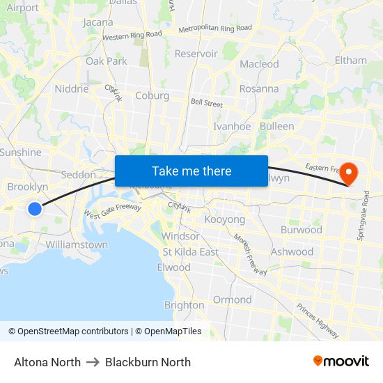 Altona North to Blackburn North map