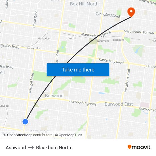 Ashwood to Blackburn North map