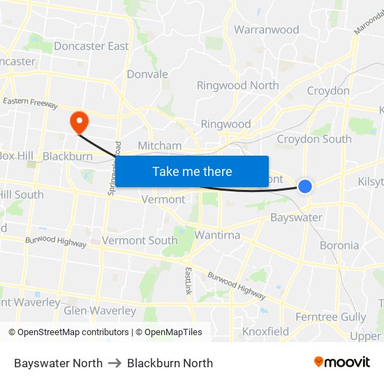 Bayswater North to Blackburn North map