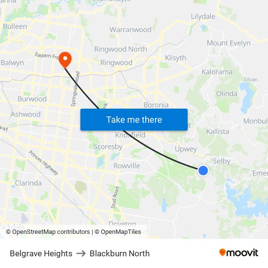 Belgrave Heights to Blackburn North map