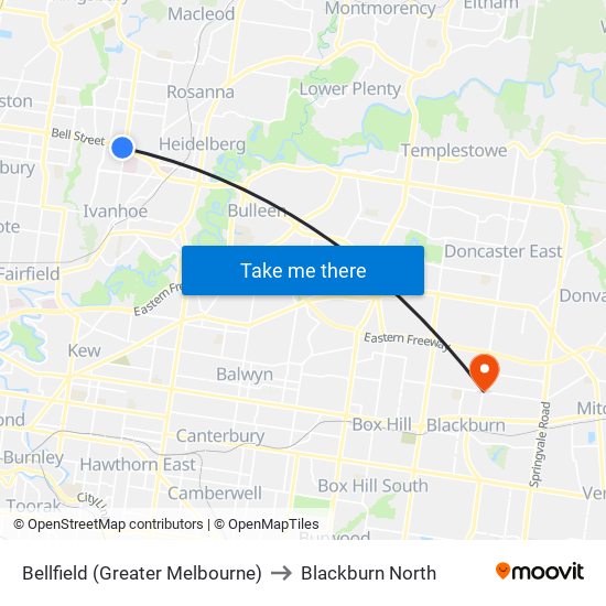 Bellfield (Greater Melbourne) to Blackburn North map