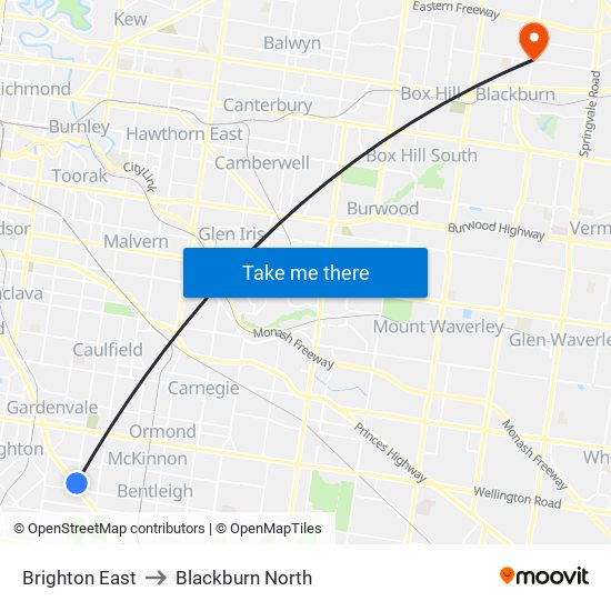 Brighton East to Blackburn North map