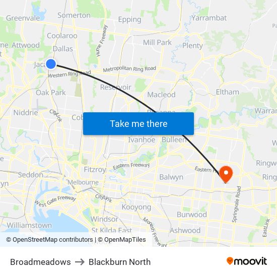 Broadmeadows to Blackburn North map