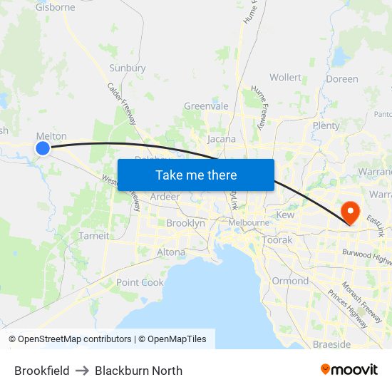 Brookfield to Blackburn North map