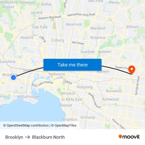 Brooklyn to Blackburn North map