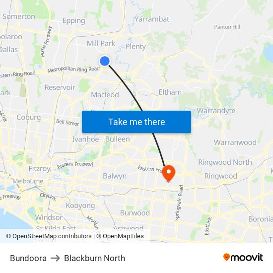 Bundoora to Blackburn North map