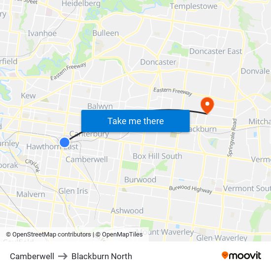 Camberwell to Blackburn North map