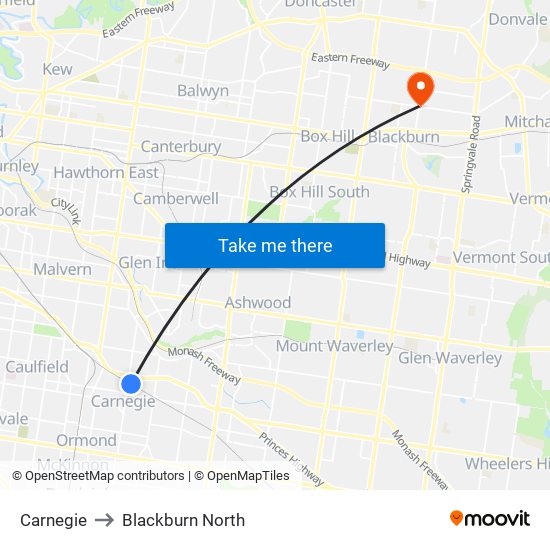 Carnegie to Blackburn North map