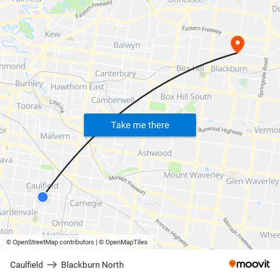 Caulfield to Blackburn North map