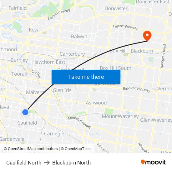 Caulfield North to Blackburn North map