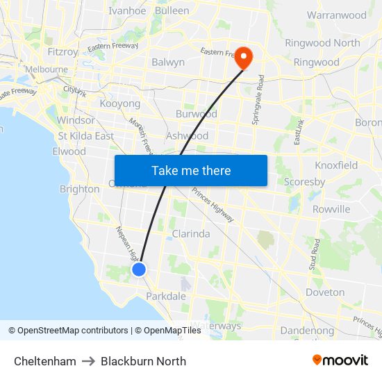 Cheltenham to Blackburn North map