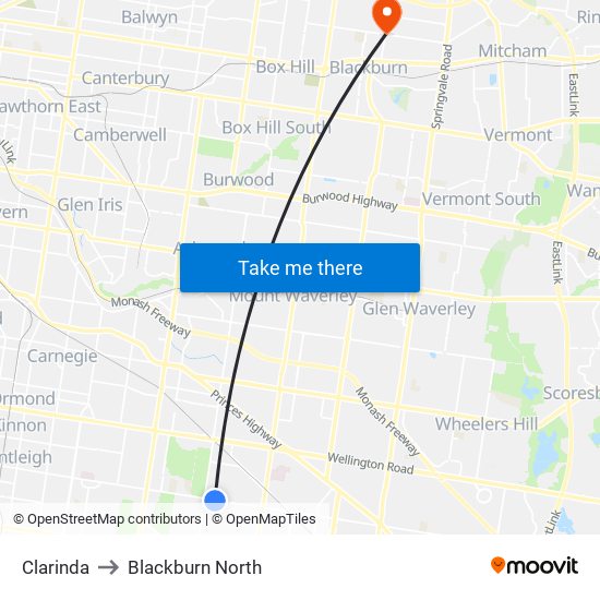 Clarinda to Blackburn North map