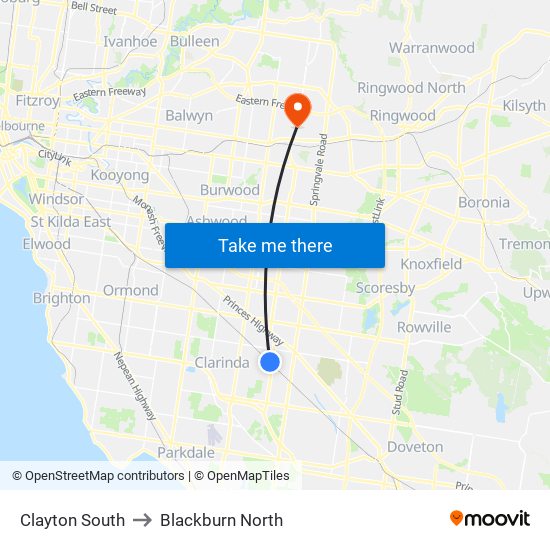 Clayton South to Blackburn North map