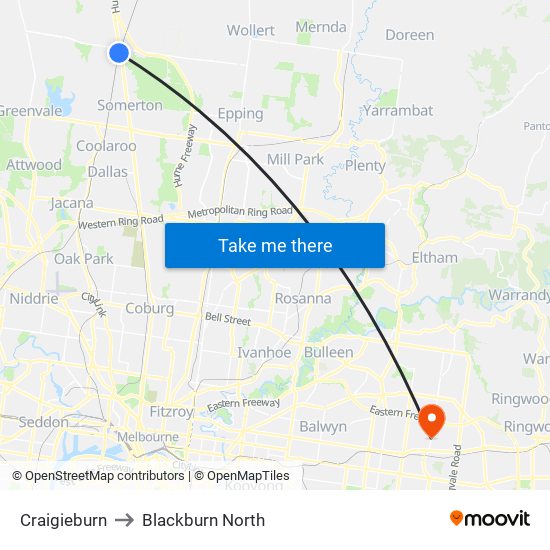 Craigieburn to Blackburn North map