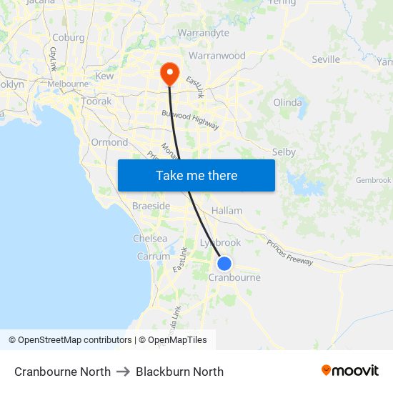 Cranbourne North to Blackburn North map